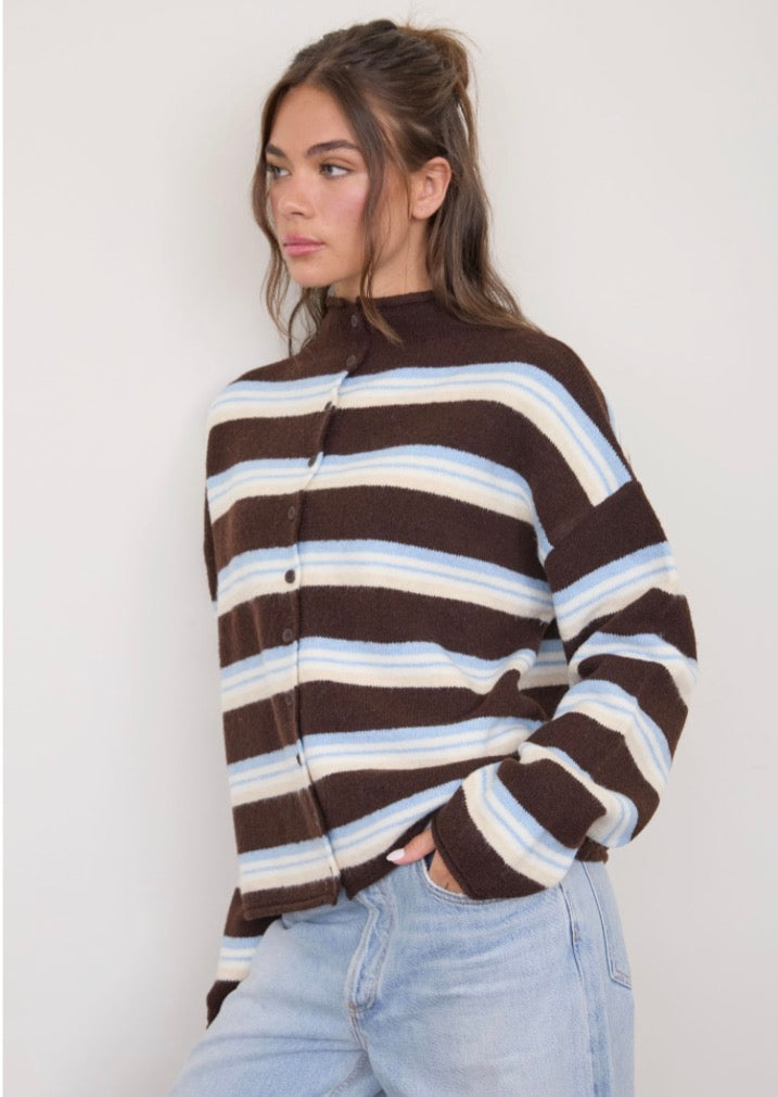Multi-color Stripe Rolled Neck Knit Cardigan