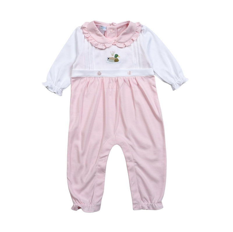 Baby Loren Pink Mallard Duck Hand Embroidered Pima Romper