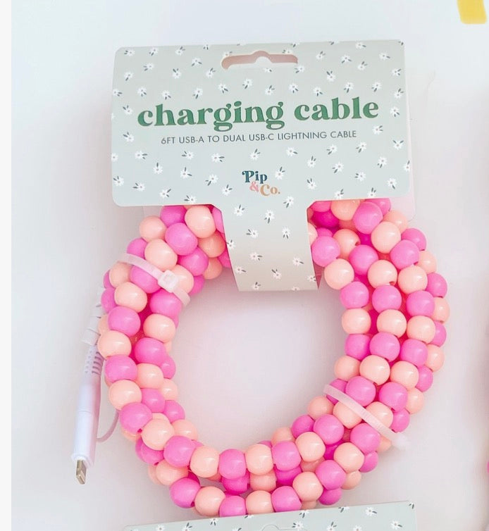 6ft Beaded Phone Charger USB-A & Dual USB-C Lightning Cable