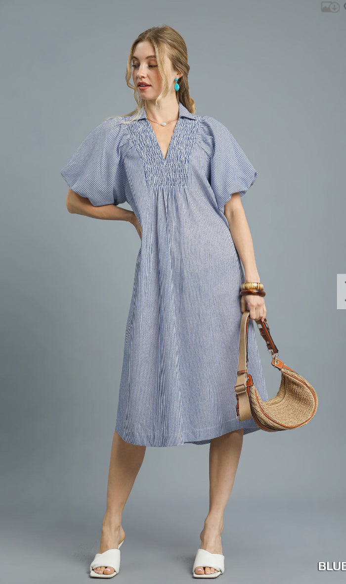 Striped Smocked Front Puff Sleeve Midi Dress