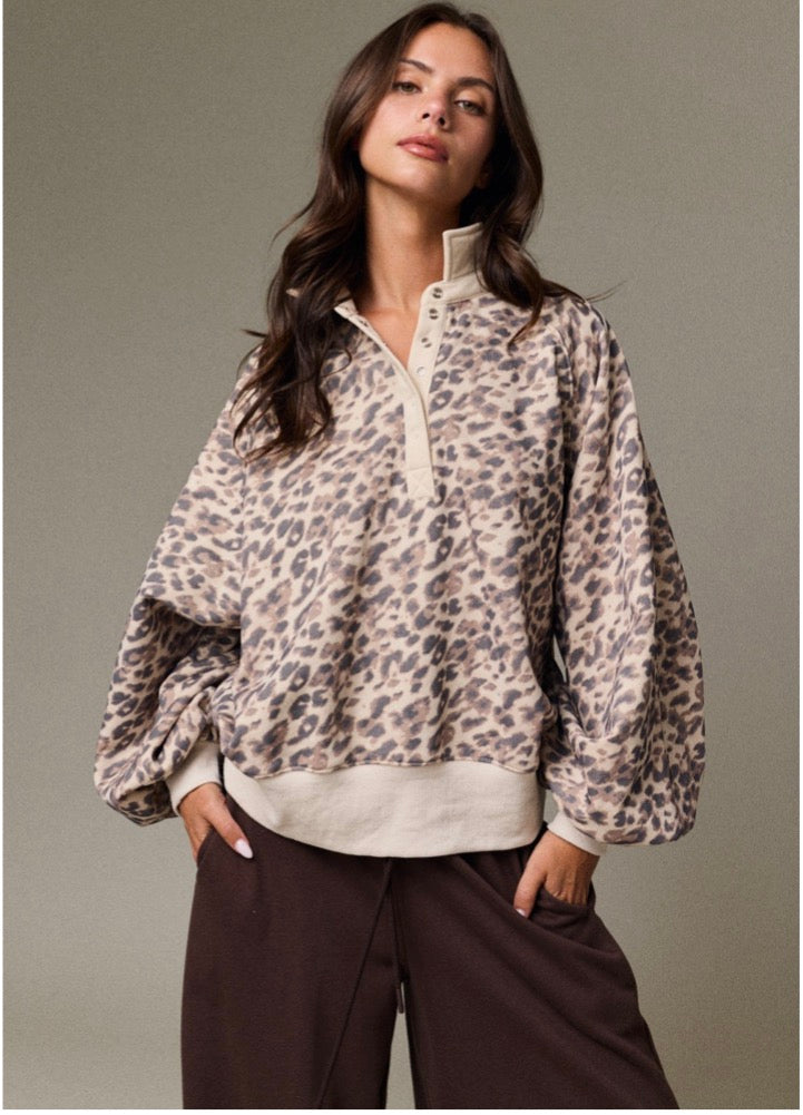 Juliette Leopard Print Snap Button Sweatshirt