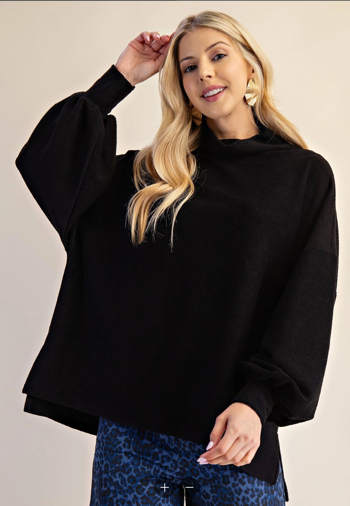 Mock Neck Balloon Sleeve Knit Top