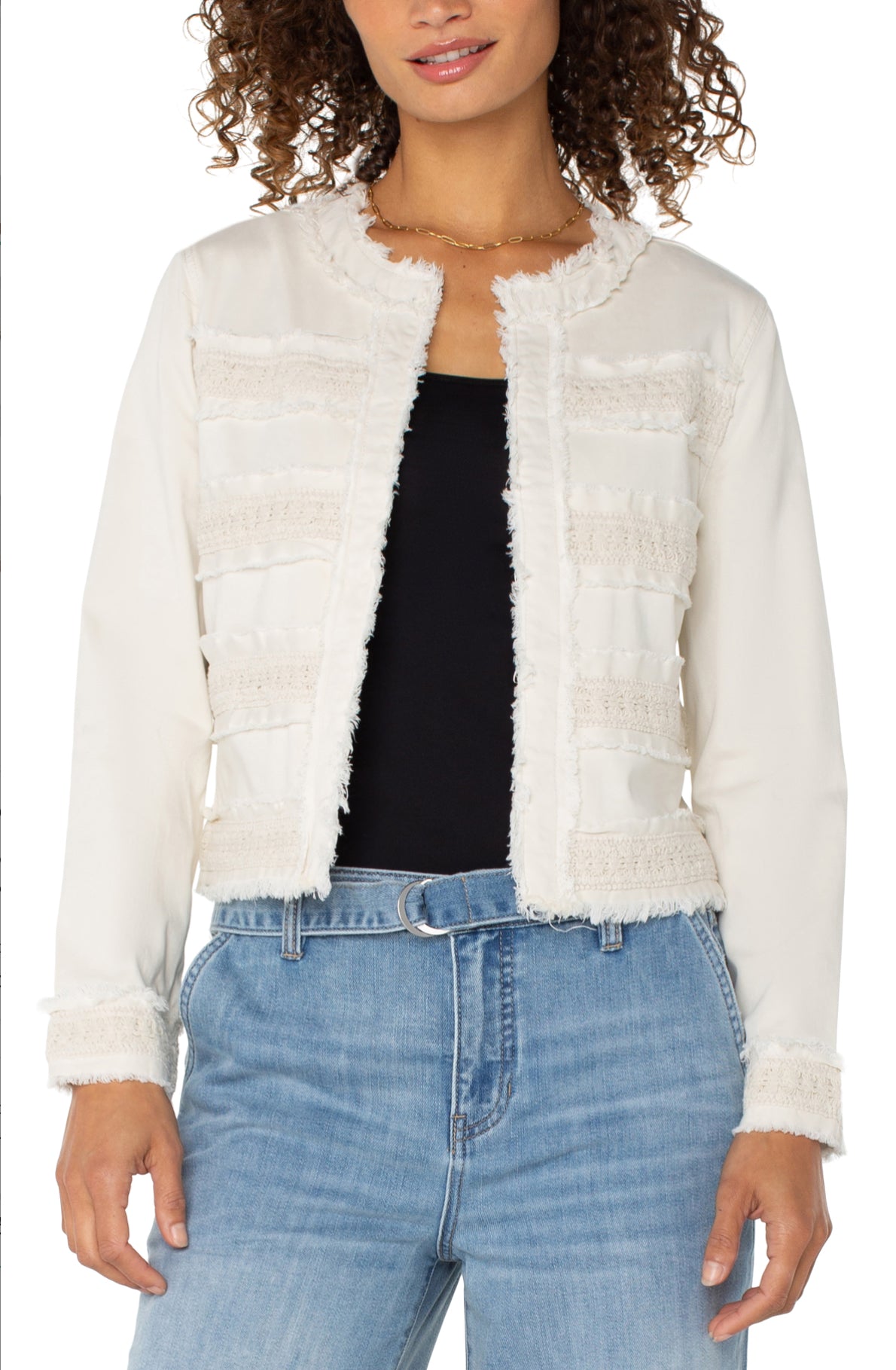 Liverpool collarless jacket w fray & lace