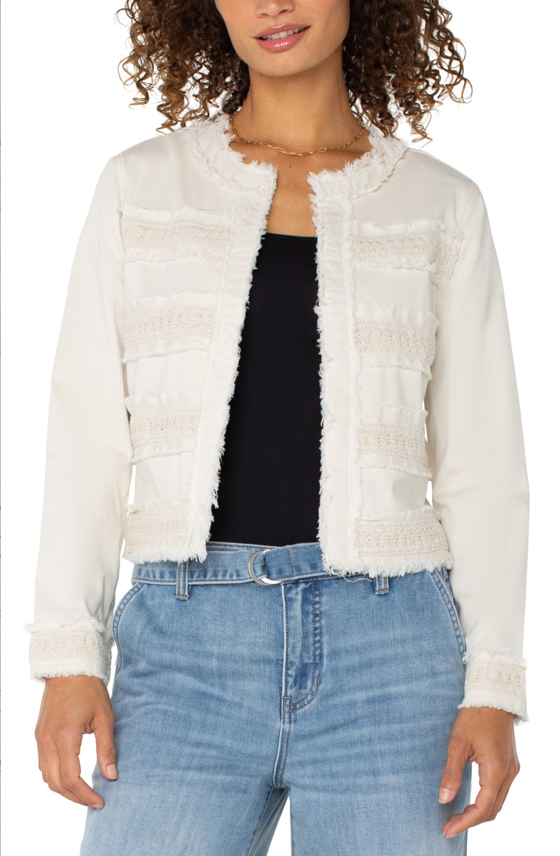 Liverpool collarless jacket w fray & lace