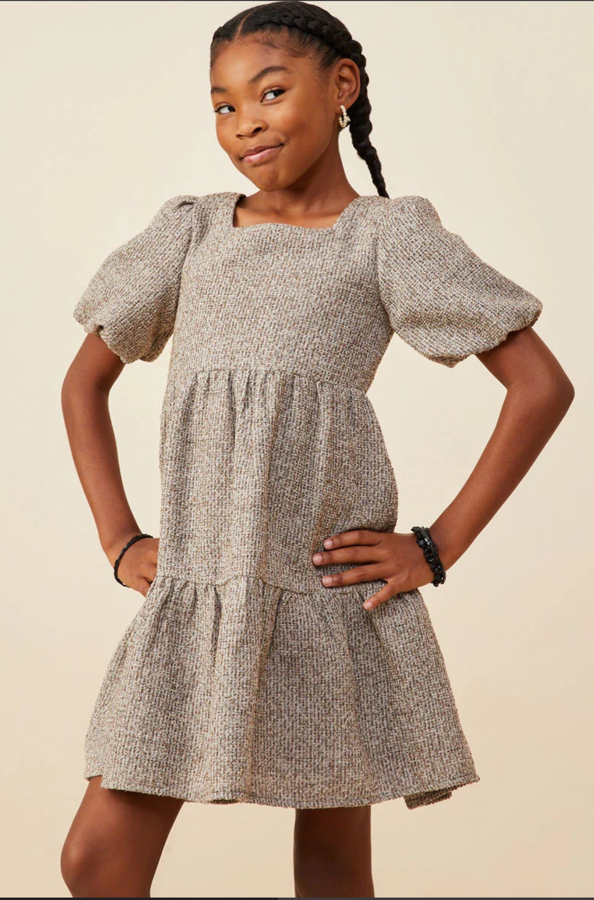 Girls Square Neck Textured Knit Bubble Sleeve Dress