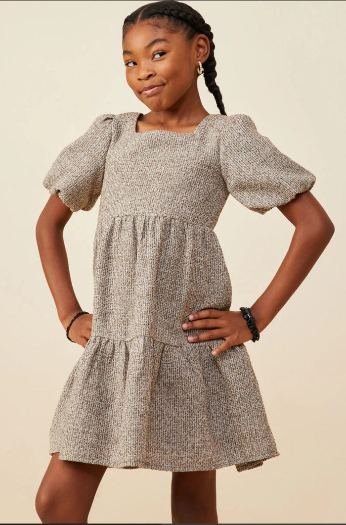 Girls Square Neck Textured Knit Bubble Sleeve Dress