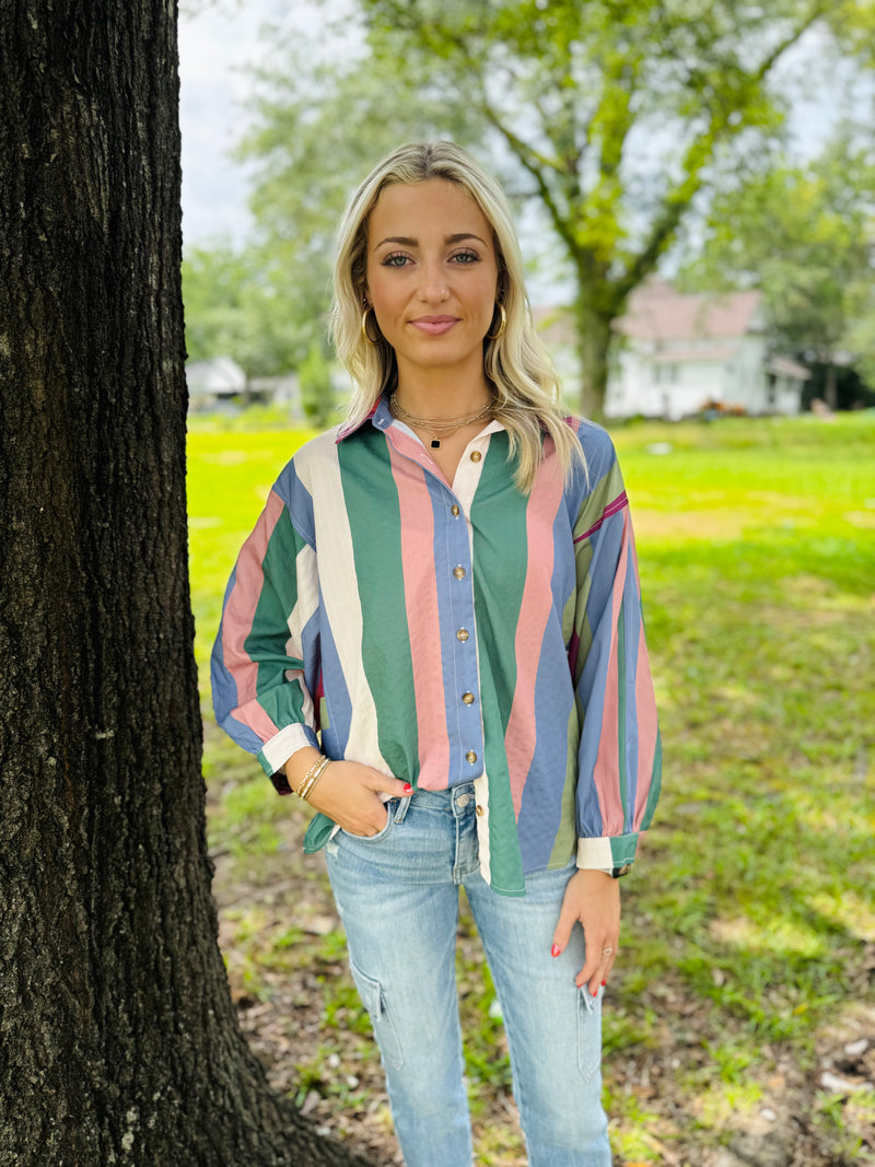 Multicolor striped button down long sleeve collared top