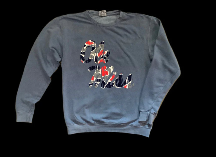 Speckle Bellies-Ole Miss Camo Script Sweatshirt- Navy