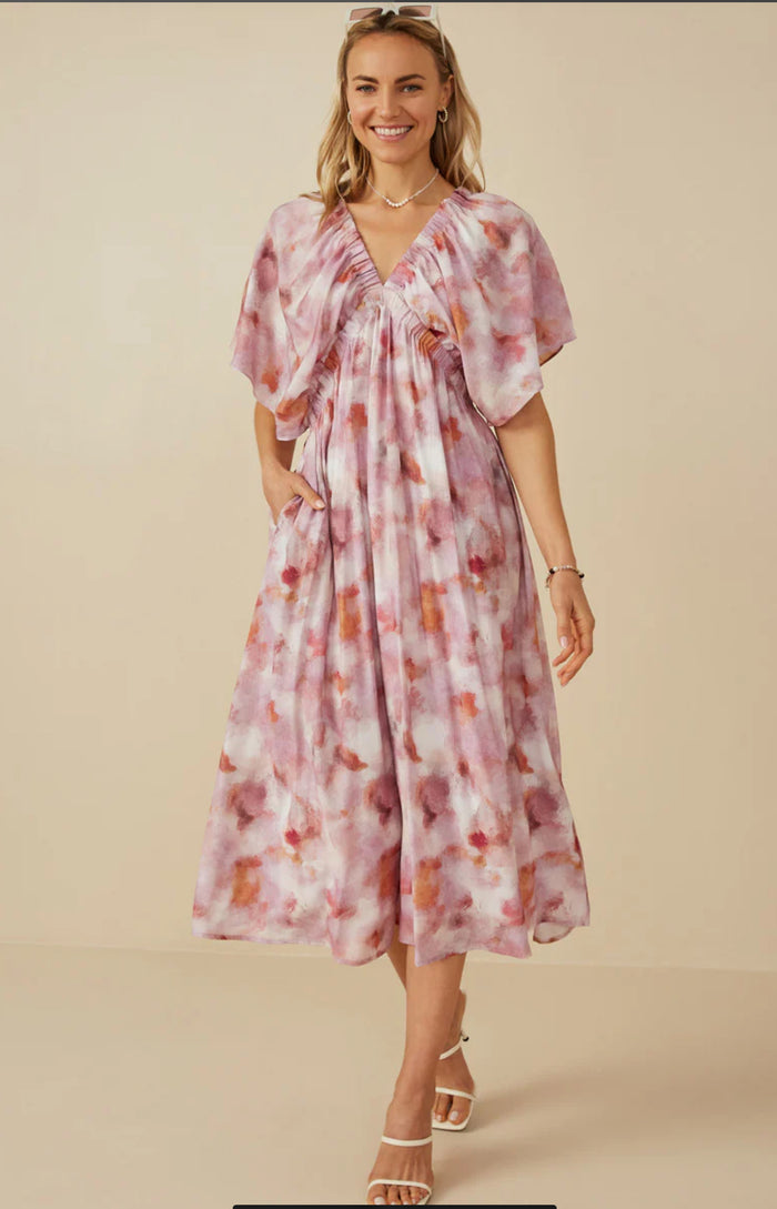 Womens Hazy Floral Elastic Detail Dress