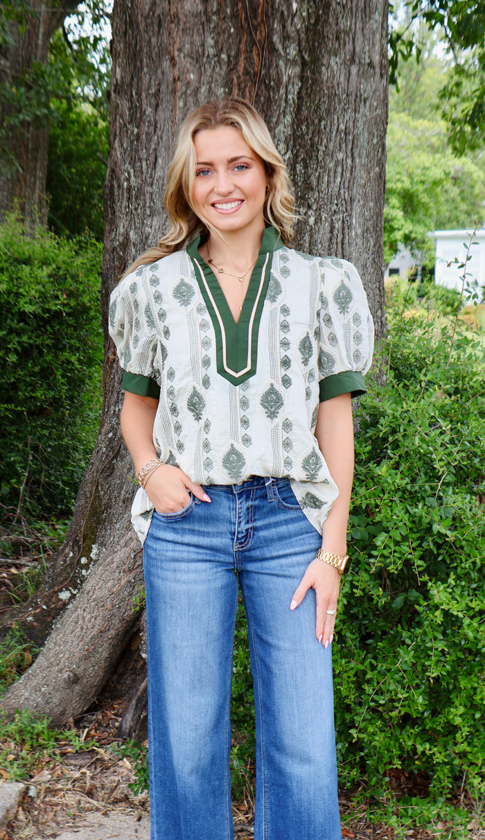 Abstract pattern embroidered short puff sleeve top