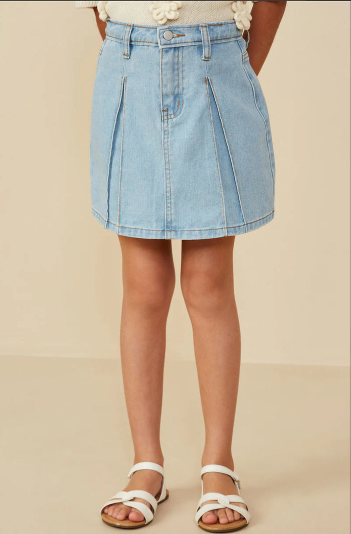 Girls Box Pleated Washed Denim Skirt