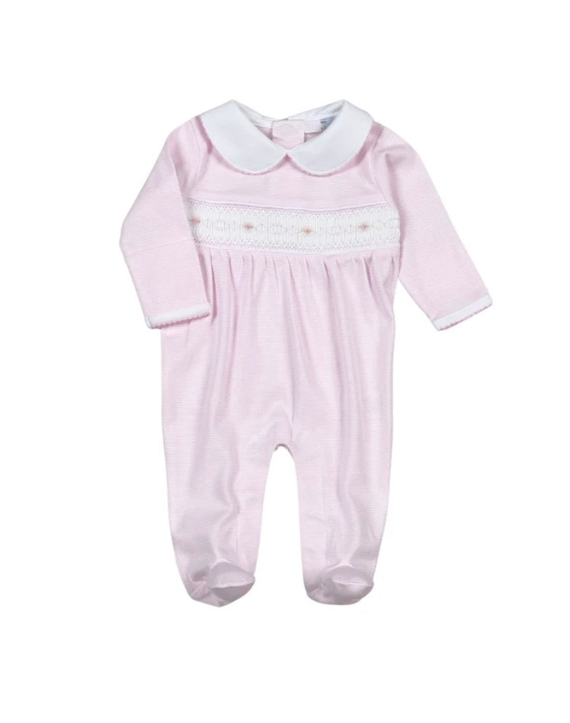 Baby Loren Sally Pink Stripes Hand Smocked Pima Footie