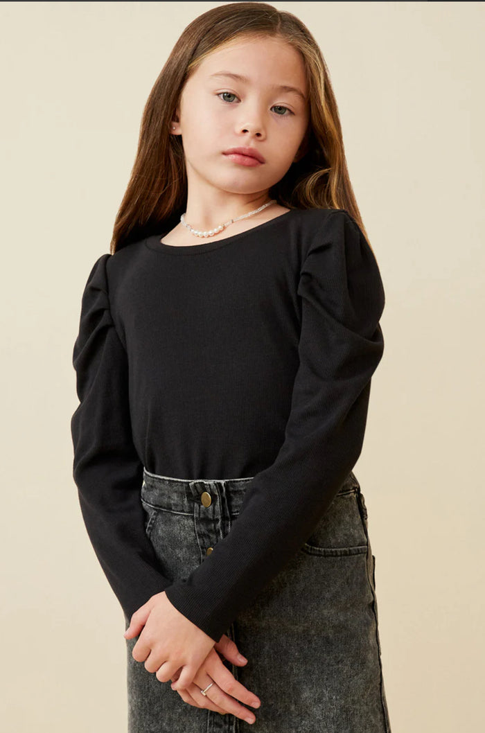 Girls Pleated Puff Shoulder Knit Top