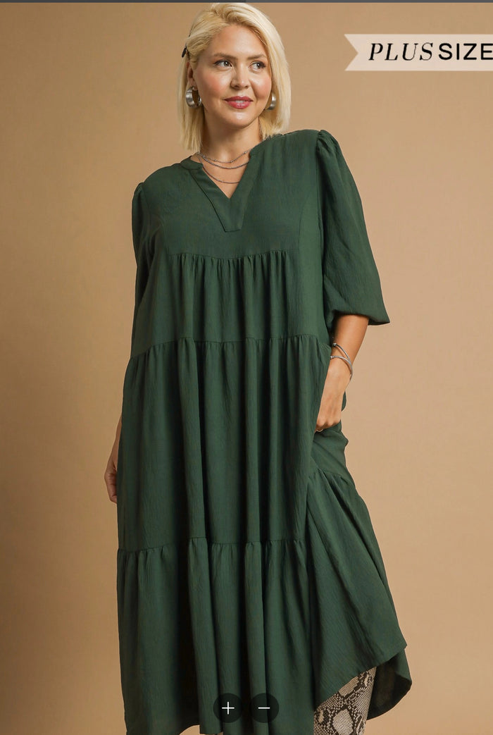 Tiered Midi Dress with Smocked Cuffs