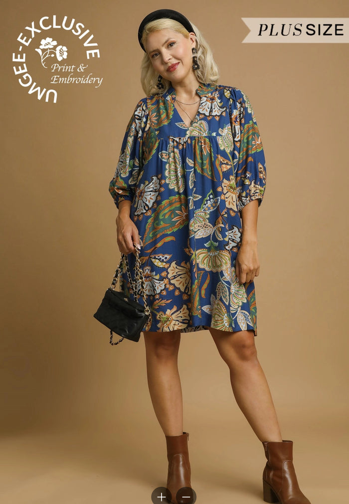 Plus Abstract Print Puff Sleeve Babydoll Dress