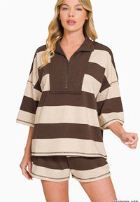 FRENCH TERRY STRIPED HALF ZIP HIGH NECK TOP & SHORTS SET