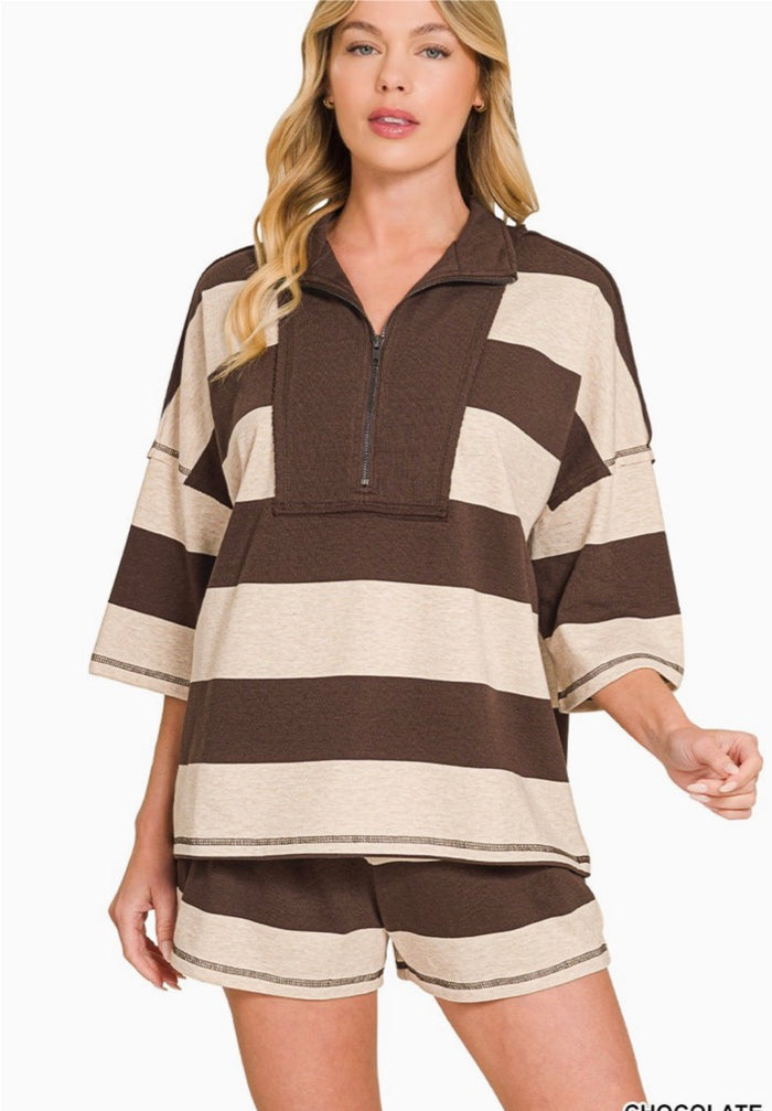 FRENCH TERRY STRIPED HALF ZIP HIGH NECK TOP & SHORTS SET