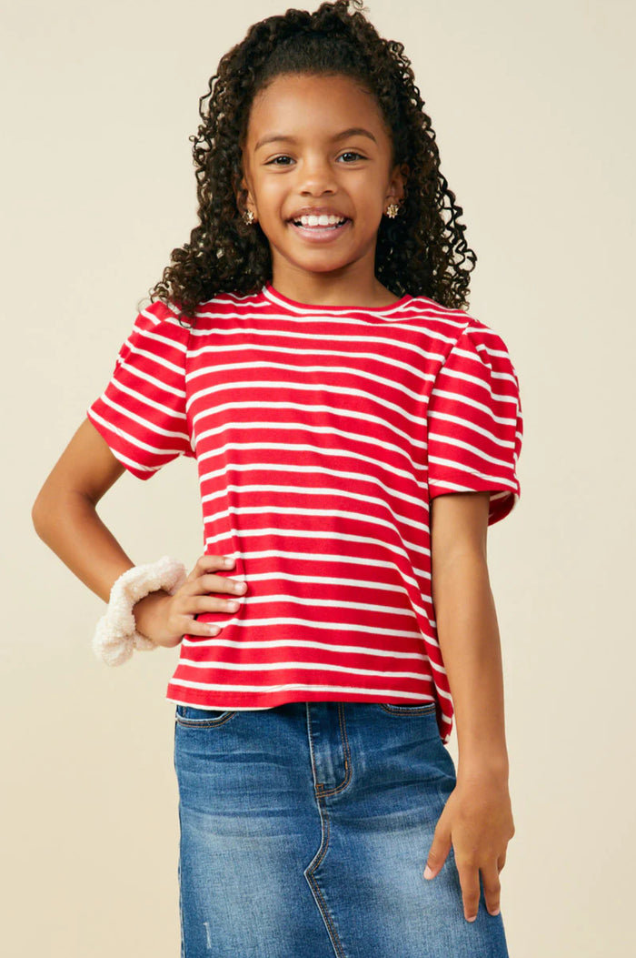 Girls Pleated Puff Sleeve Stripe T Shirt