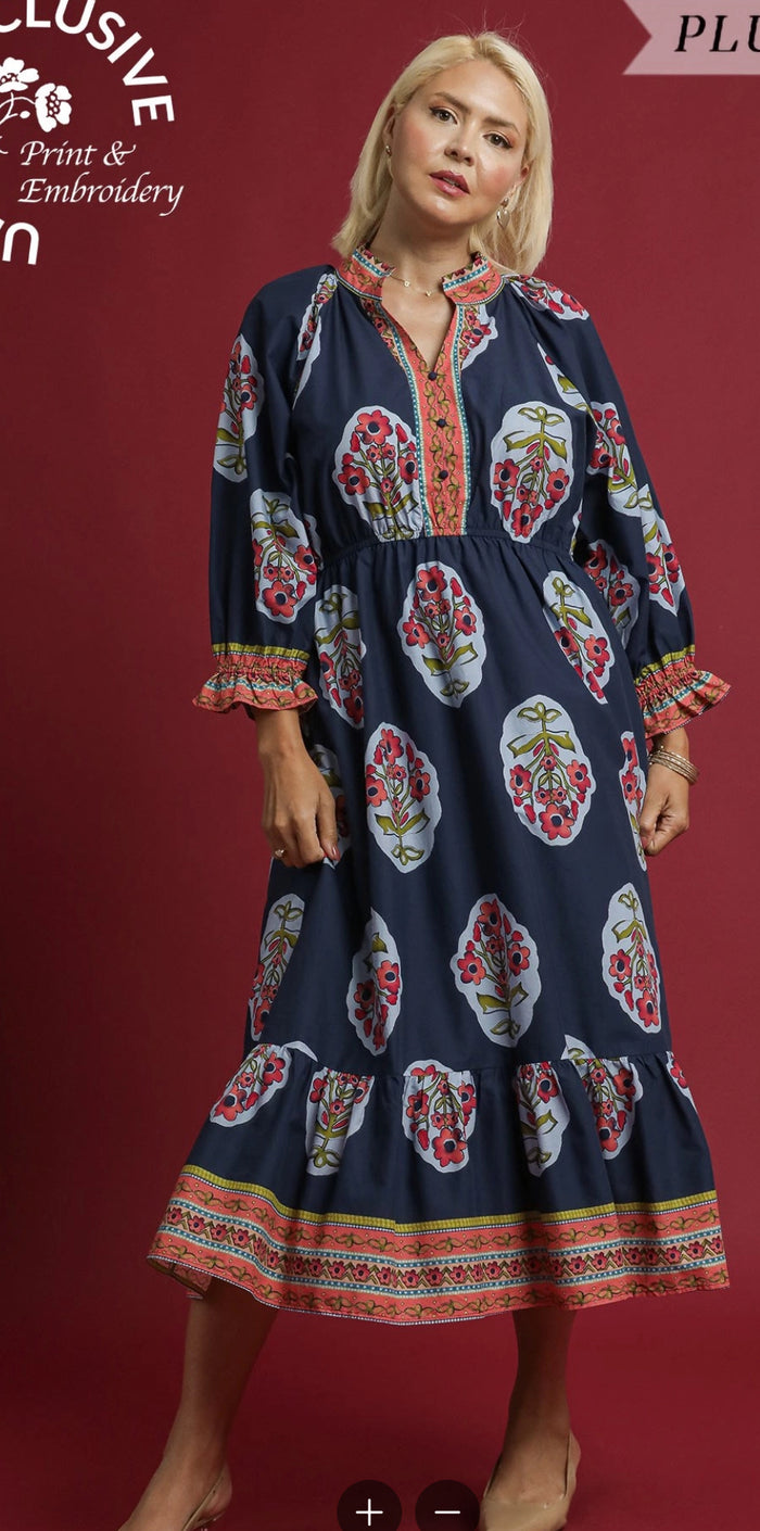 Flower Patch Boarder Print V-Neck Midi Dress