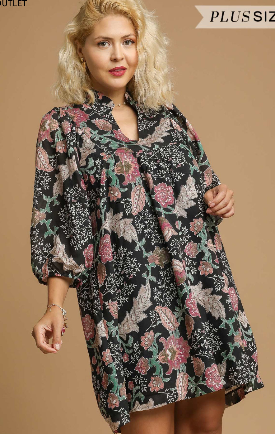 Plus Floral Ruffle Neck Mini Dress