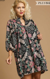 Plus Floral Ruffle Neck Mini Dress