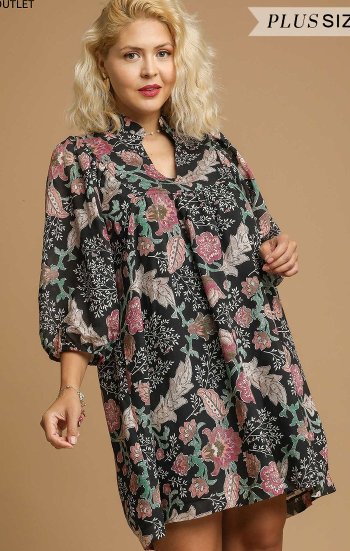 Plus Floral Ruffle Neck Mini Dress
