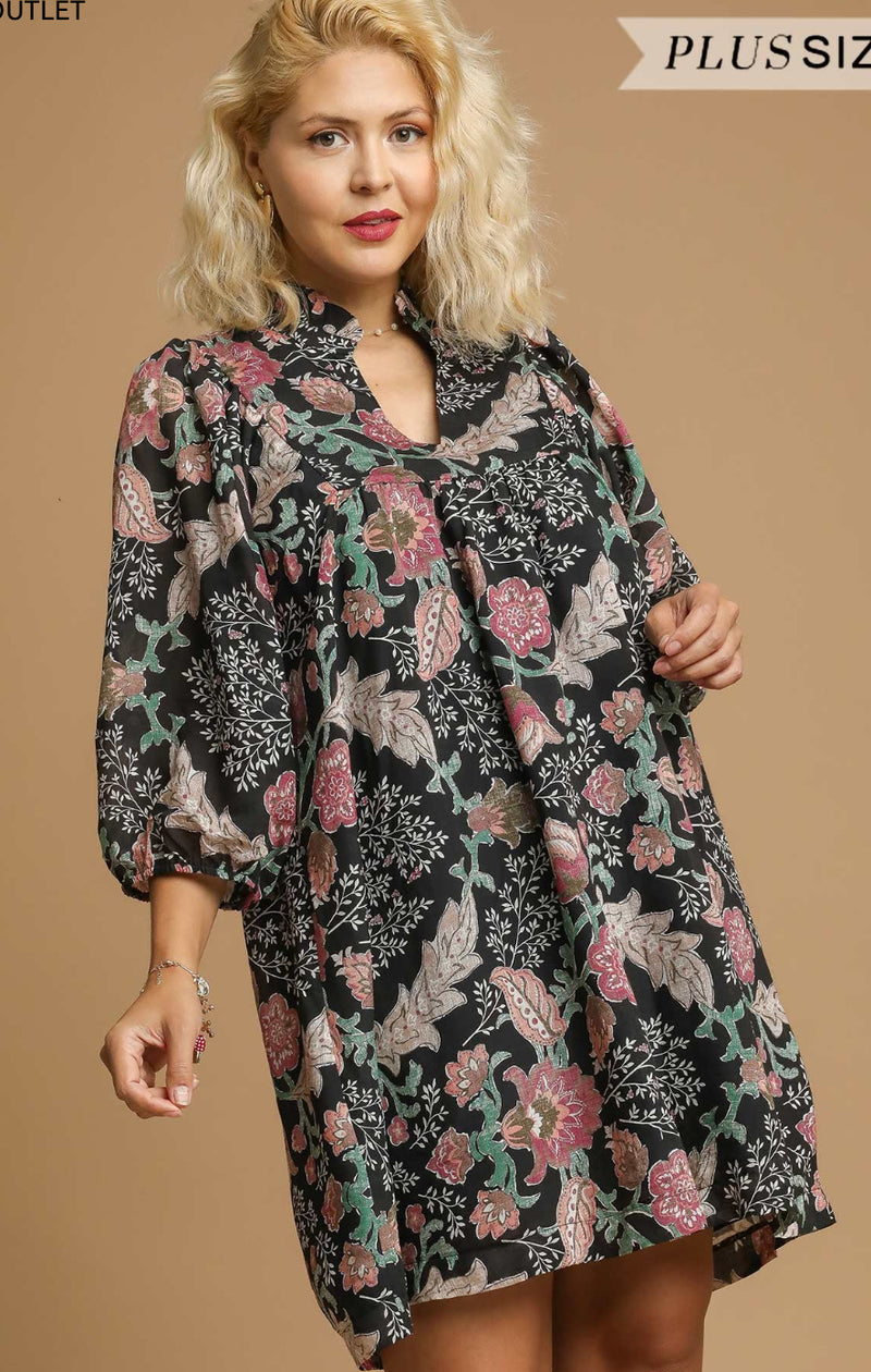 Plus Floral Ruffle Neck Mini Dress