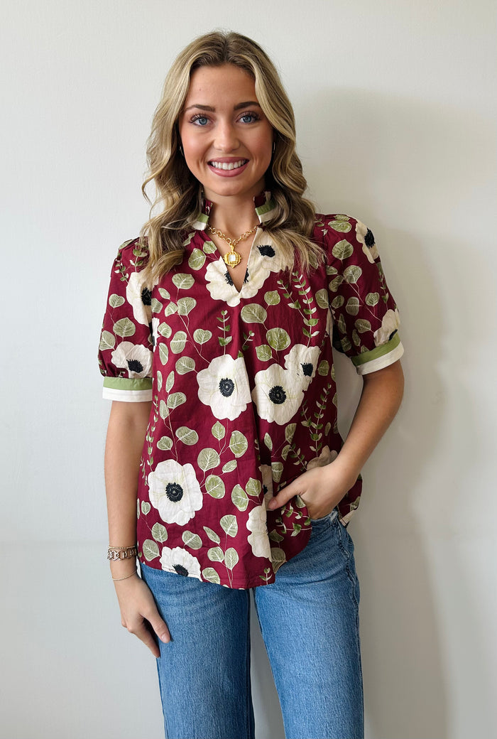 Floral print short puff sleeve top
