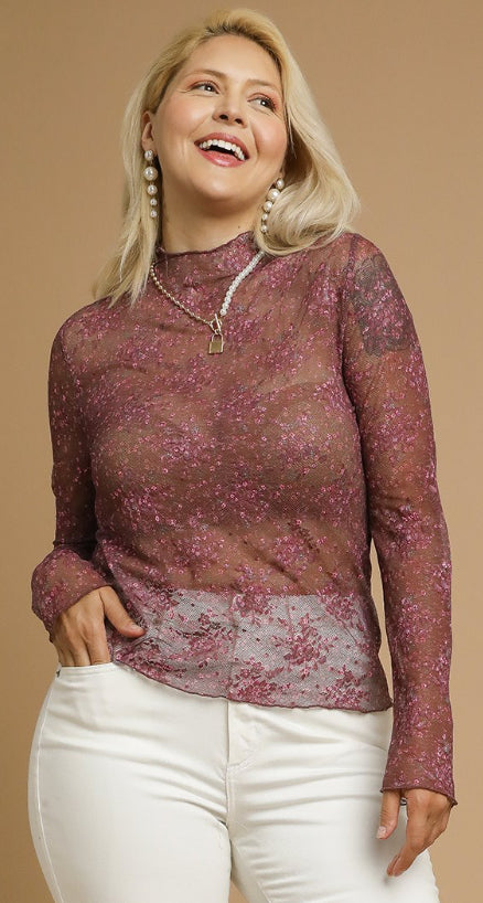 Plus Nylon Lace Mesh Long Sleeve Top