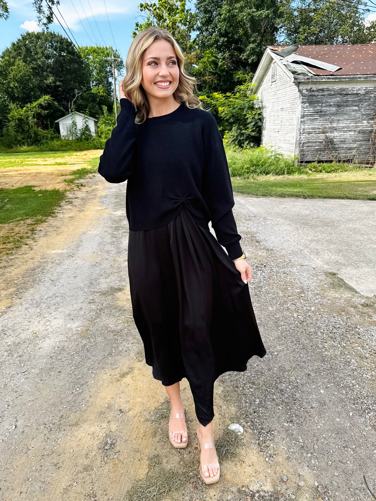 Long sleeves soft texture sweater w/ Sleeveless solid fabric mix match midi dress