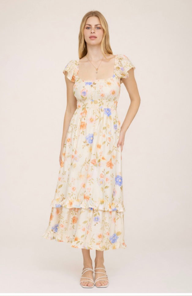 Floral Scoop Neck Ruffle Short Sleeve Midi Dress