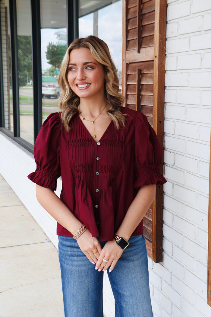 Solid smocked cuffs short puff sleeves pintuck top