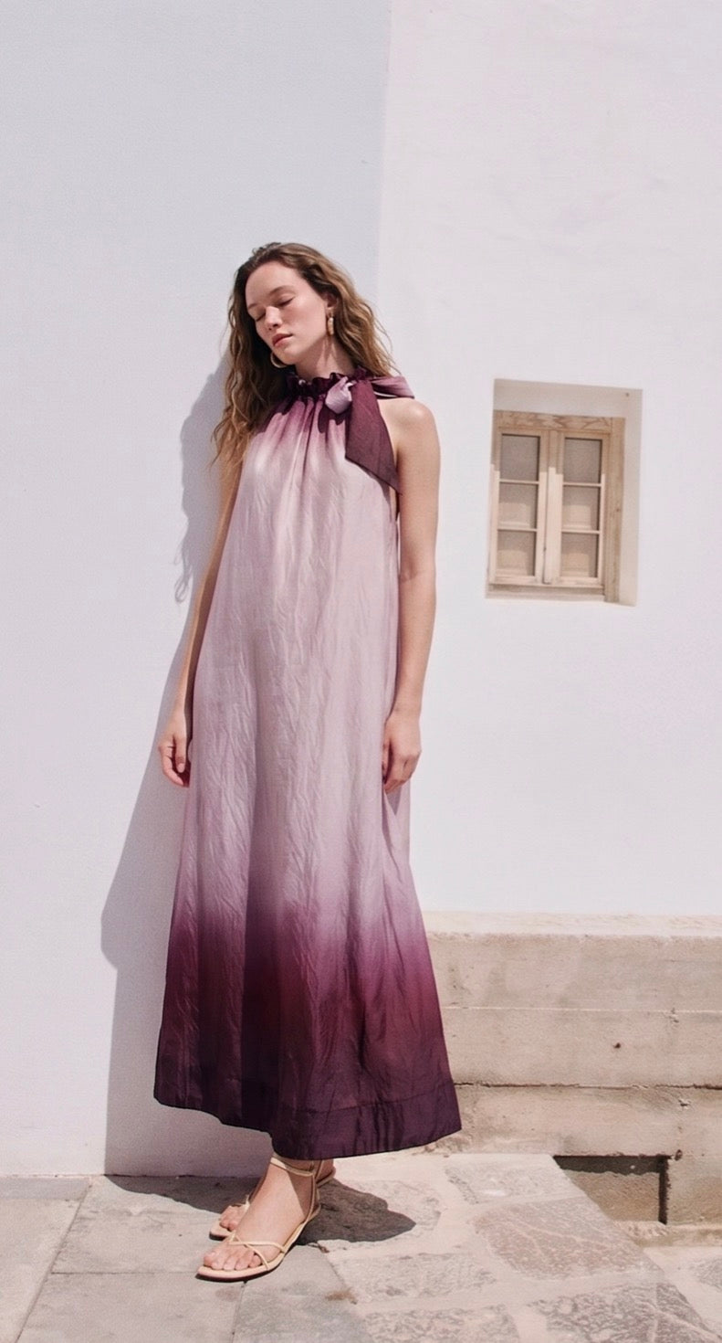 Ombre Sleeveless Maxi Dress With Tie Ruffle Neck