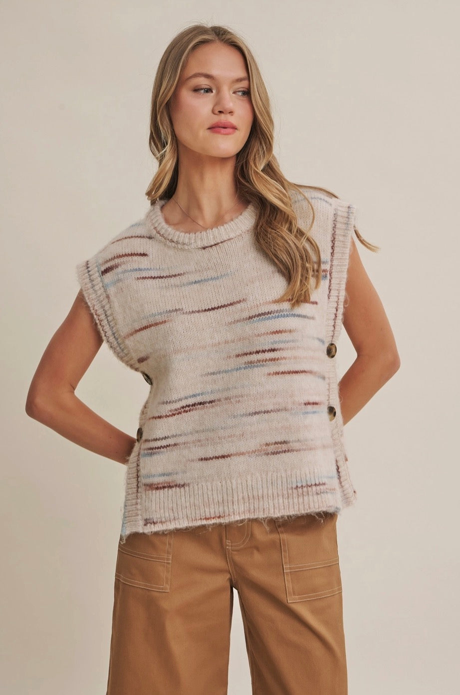 Soft Horizon Space-Dye Side Button Wool Blend Sweater Vest