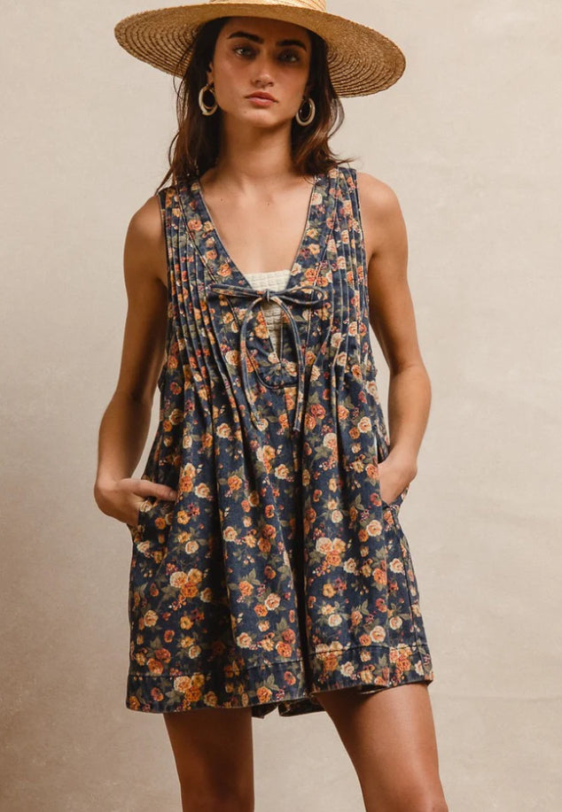 Washed Denim Floral Print Romper in Denim