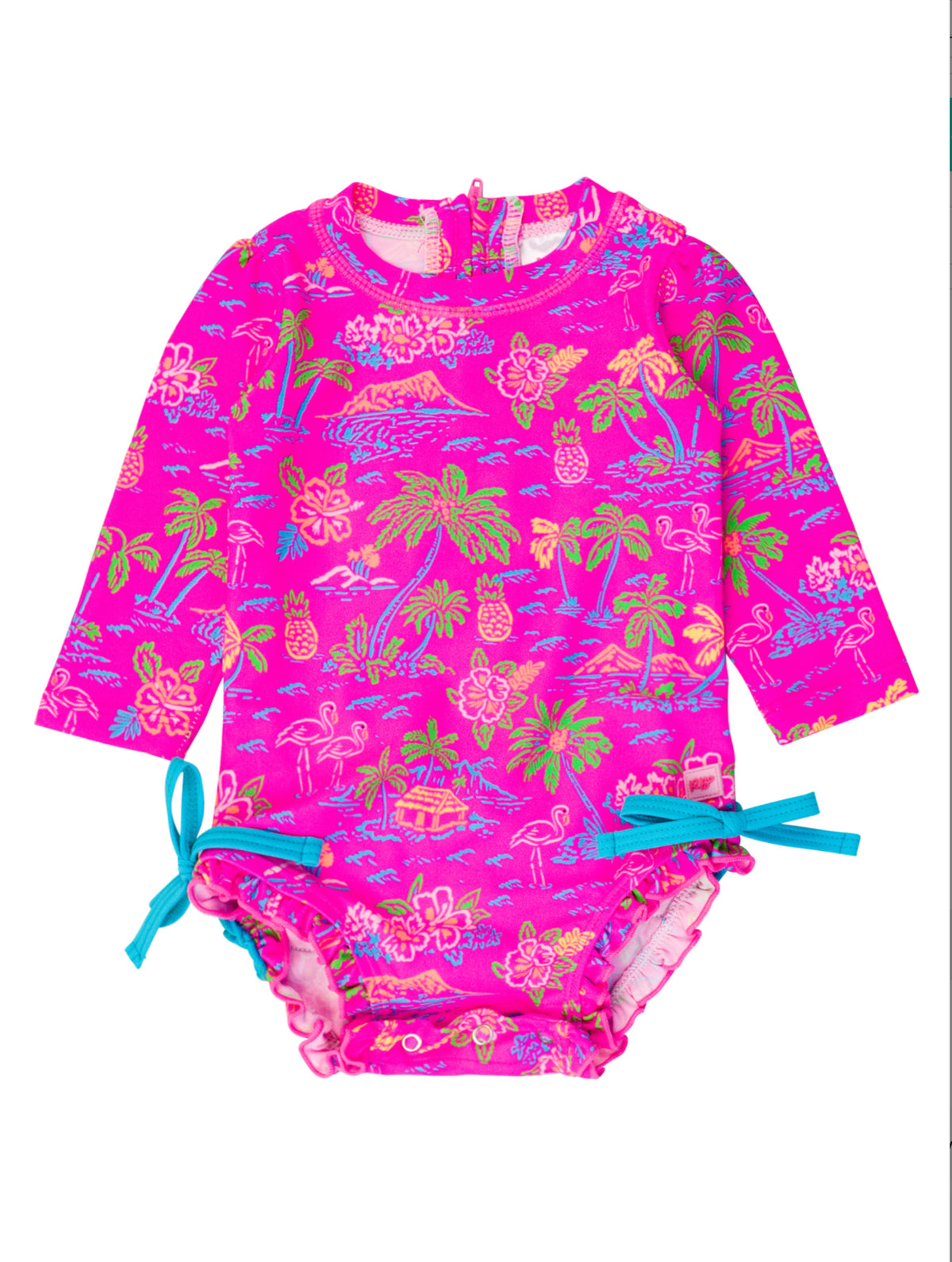 RuffleButts Neon Island Time Long Sleeve One Piece Rash Guard