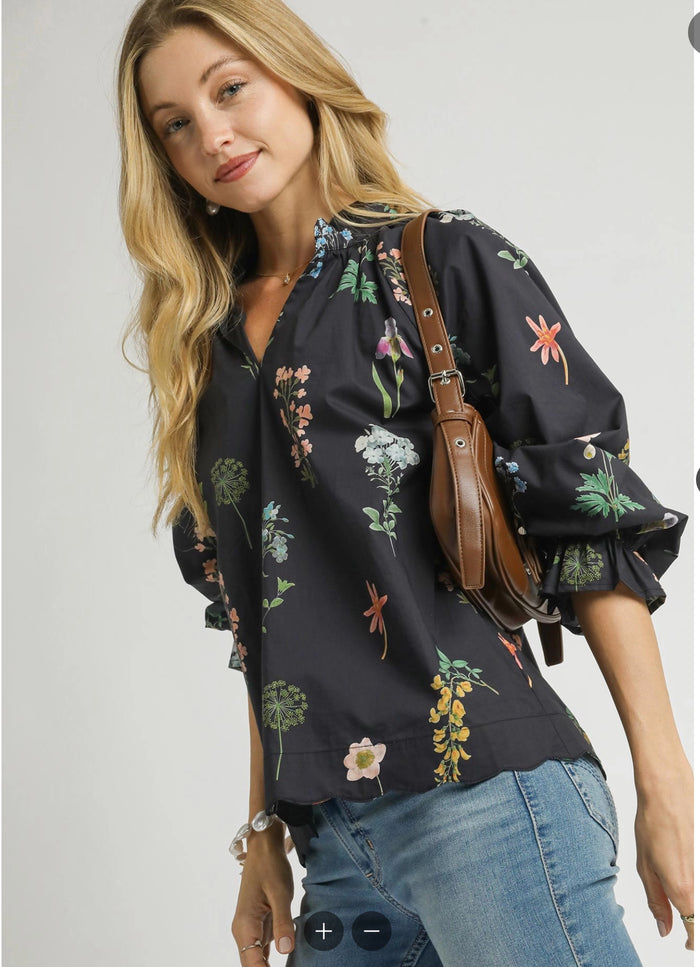 Floral Ruffle Neck Blouse