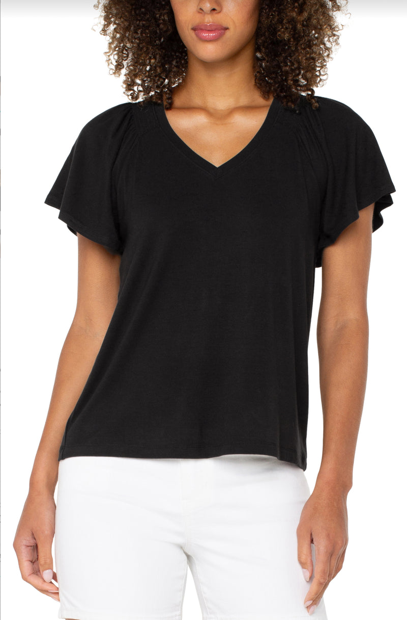 Liverpool short flutter sleeve v neck knit top black
