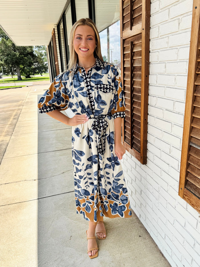 Botanical print ¾ sleeve midi shirt dress