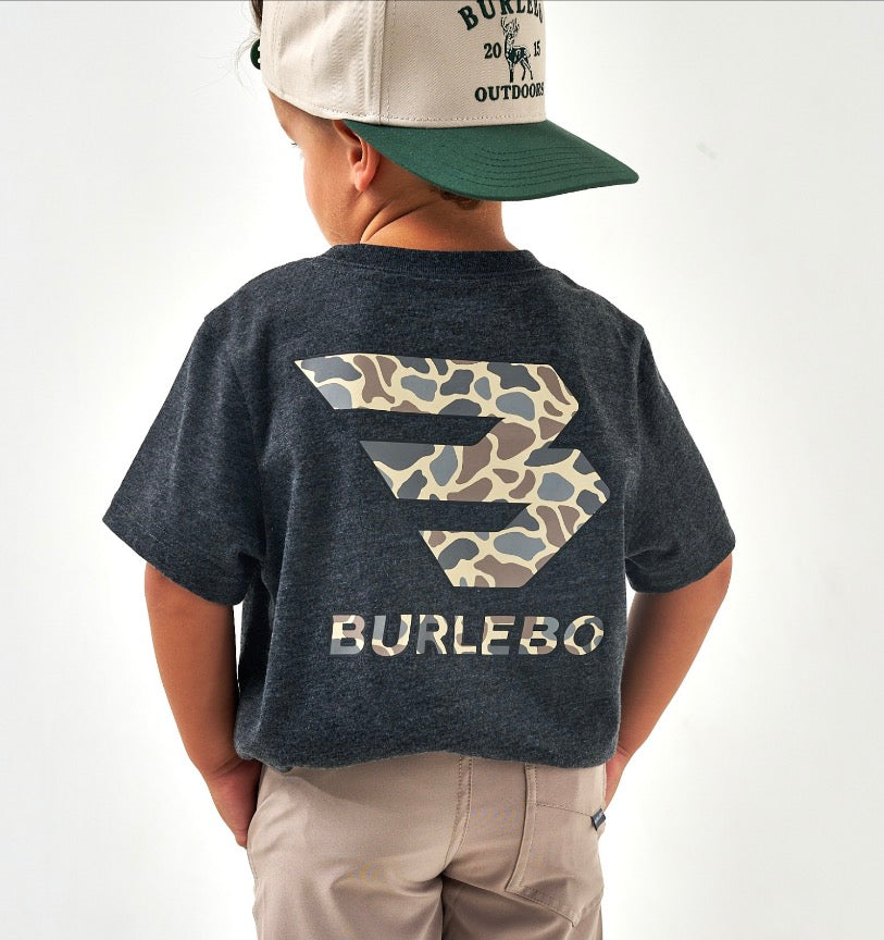 Burlebo-Boy’s Tee -CLASSIC DEER CAMO SIGNATURE LOGO- HEATHER BLACK