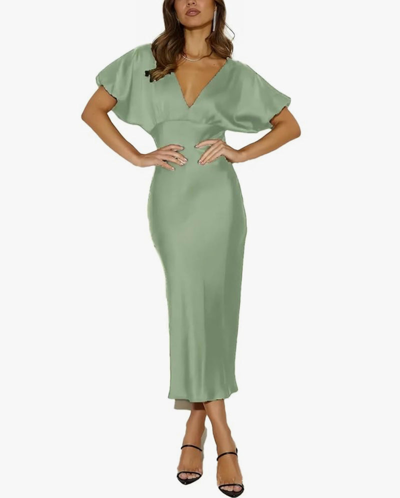 Deep V-Neckline Empire Waist satin Dress