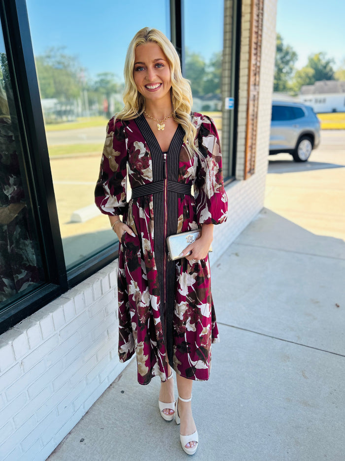 Floral print ¾ balloon sleeve midi dress