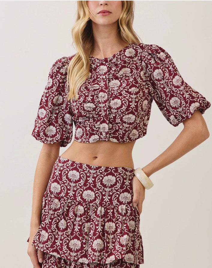 Floral Print Puff Sleeve Crop Top