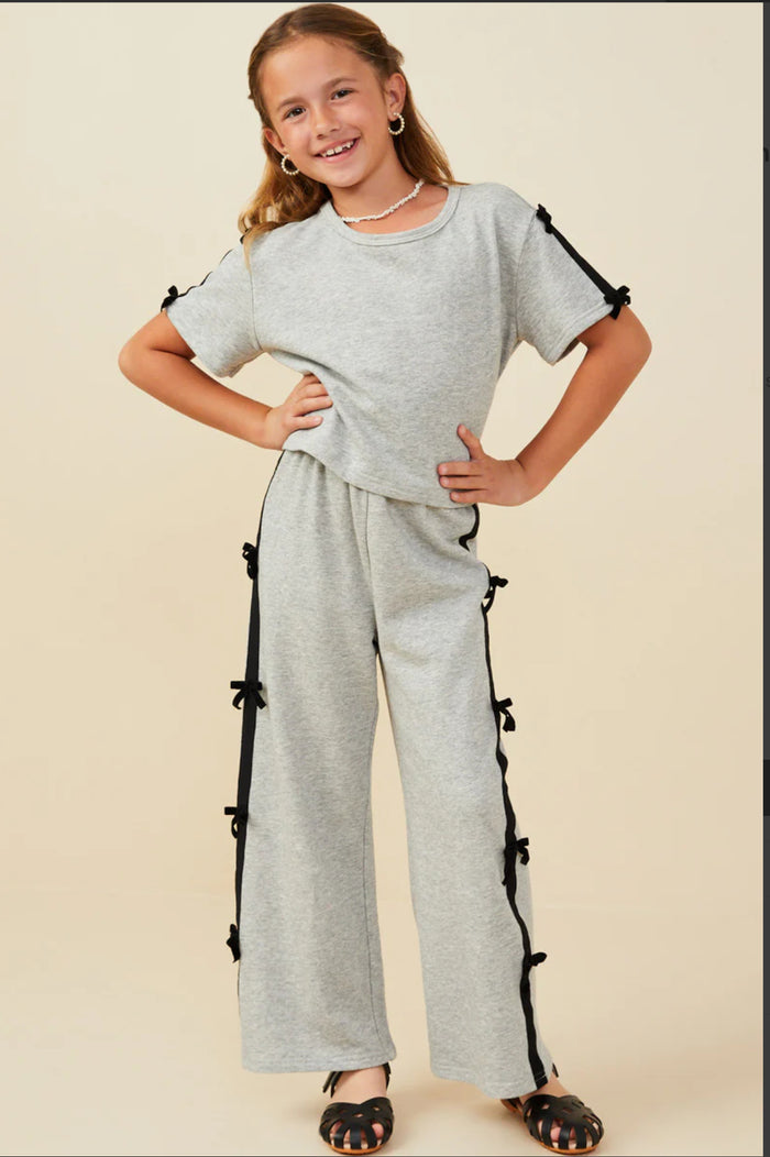 Girls Bow Trim Sleeved French Terry Top & Pants