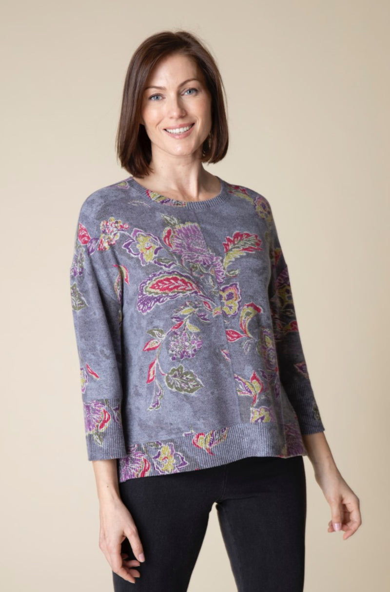 HABITAT FLEECE FLORAL RIB TRIM 3/4 SLV BOXY CREW IRON