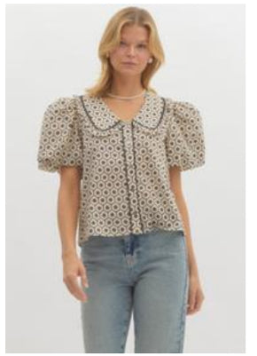 Button-down Ruffle Peter Pan Collar Top