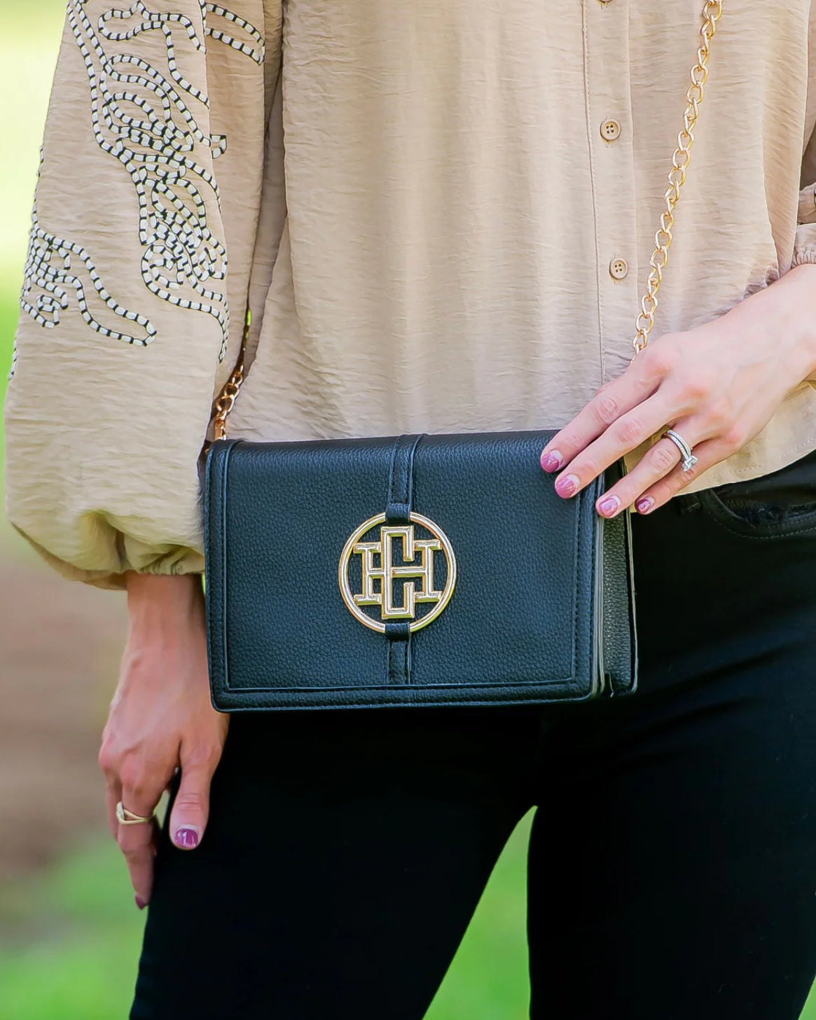 Caroline Hill Cecilia Circle Logo Handbag Black
