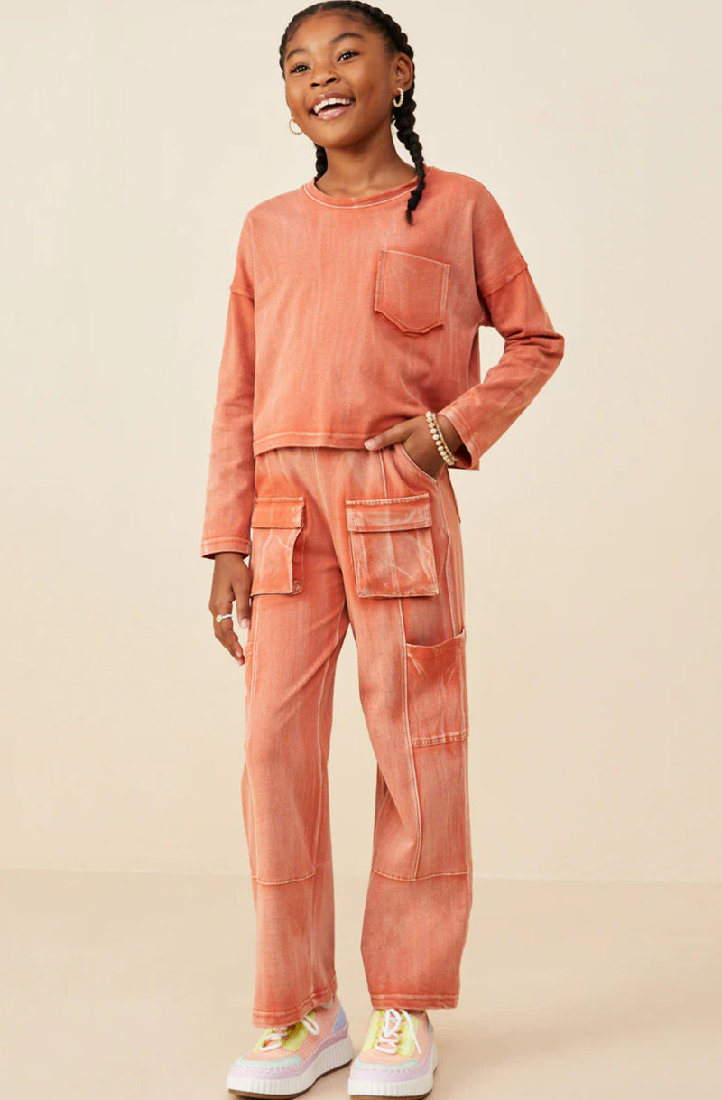 Girls Washed Chest Pocket Long Sleeve Knit T Shirt & Pants