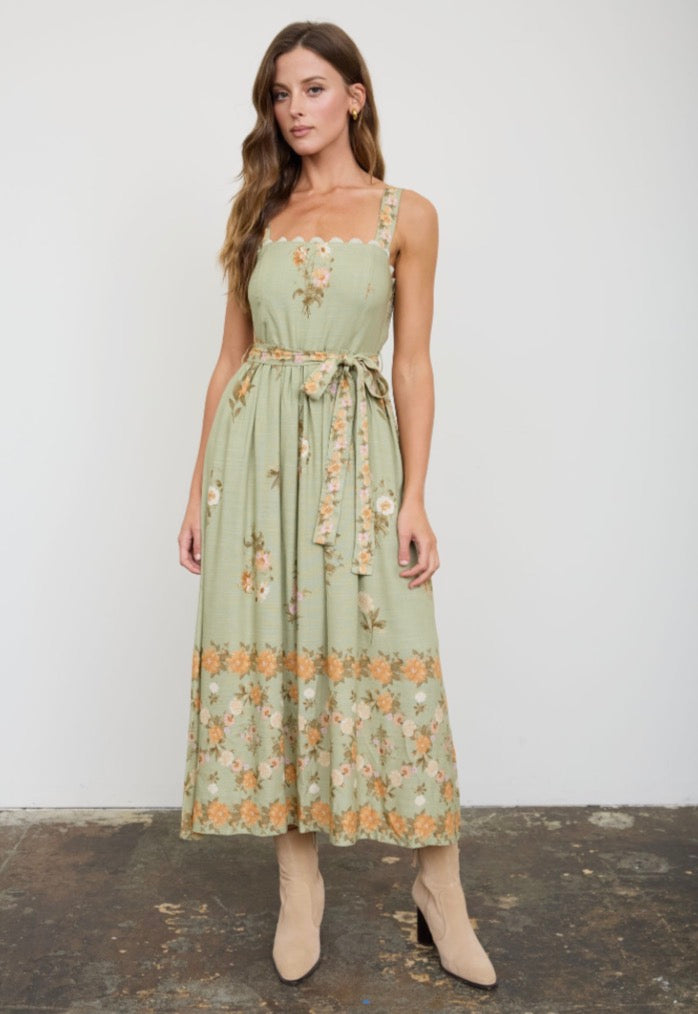 Floral Border Pattern Belt Strap Midi Dress