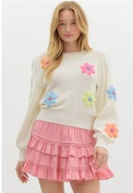 Cream Sweater with Detailed Flowers